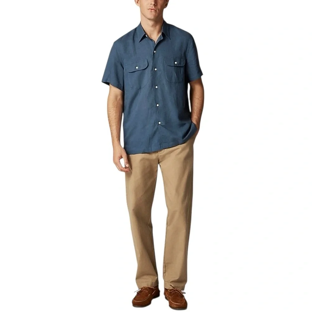 J. Crew Mens Short Sleeve Slub Linen Blend Casual Button Down Shirt NWT S Blue